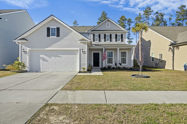 traditional home featuring a garage, a front yard, and concrete driveway