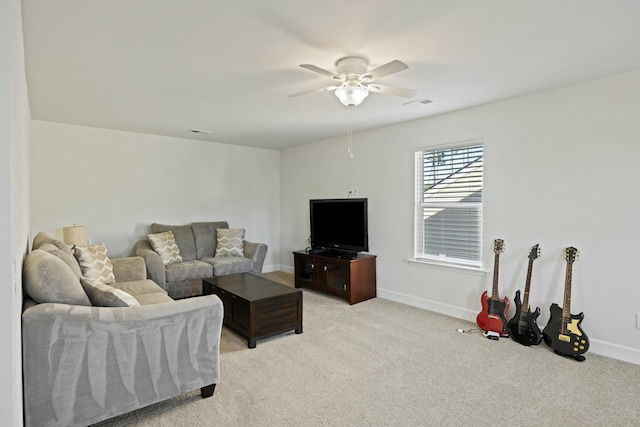 310 Silent Bluff Dr, Summerville, SC 29486 - living room with light carpet, ceiling fan, visible vents, and baseboards