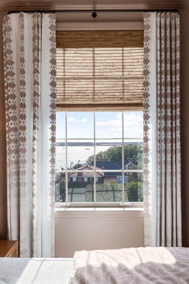 bedroom featuring a water view