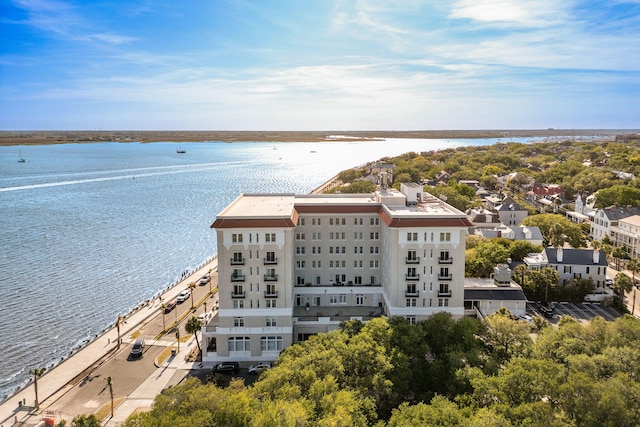 bird's eye view with a water view