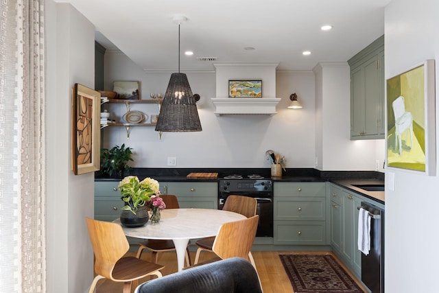 kitchen with stainless steel dishwasher, open shelves, gas stove, green cabinets, and light wood-style flooring