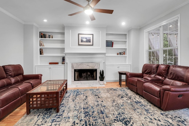 200 Oak Point Landing Dr, Mount Pleasant, SC 29464 - living area with ceiling fan, built in shelves, wood finished floors, ornamental molding, and a premium fireplace