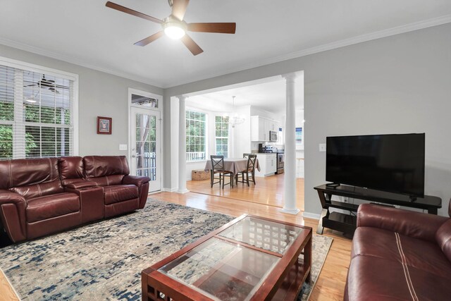 200 Oak Point Landing Dr, Mount Pleasant, SC 29464 - living area featuring ornate columns, light wood-type flooring, ornamental molding, ceiling fan, and baseboards