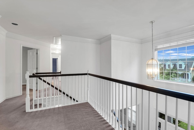 200 Oak Point Landing Dr, Mount Pleasant, SC 29464 - hallway with a chandelier, an upstairs landing, carpet, crown molding, and baseboards