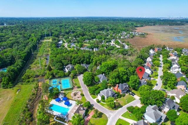 200 Oak Point Landing Dr, Mount Pleasant, SC 29464 - aerial overview of property's location with a pool and a heavily wooded area