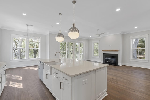 kitchen with crown molding, dark wood-style flooring, a sink, and a fireplace with flush hearth