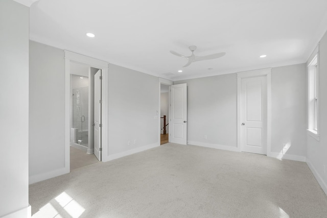 unfurnished bedroom featuring a ceiling fan, recessed lighting, light carpet, and baseboards