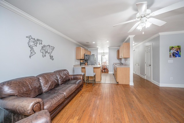 living room with light hardwood / wood-style floors, ceiling fan, crown molding, and sink