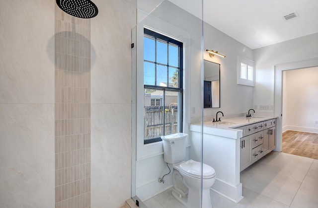 bathroom with hardwood / wood-style flooring, plenty of natural light, toilet, and vanity