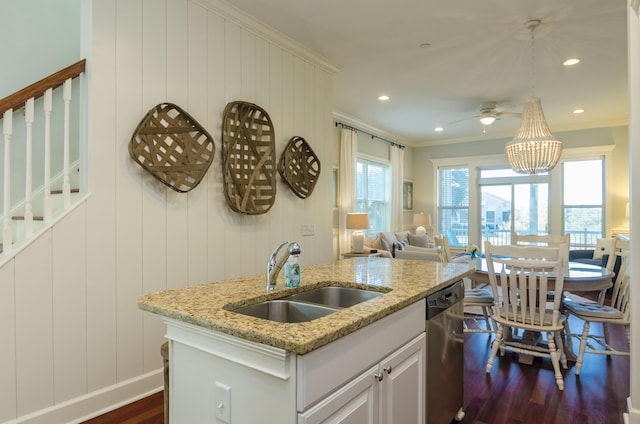 204 Michigan Avenue C-5 - Unit 11, Folly Beach, SC 29439 - kitchen featuring stainless steel dishwasher, ornamental molding, dark wood-style flooring, a ceiling fan, and open floor plan