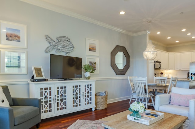 204 Michigan Avenue C-5 - Unit 11, Folly Beach, SC 29439 - living area featuring recessed lighting, ornamental molding, dark wood-type flooring, and a chandelier