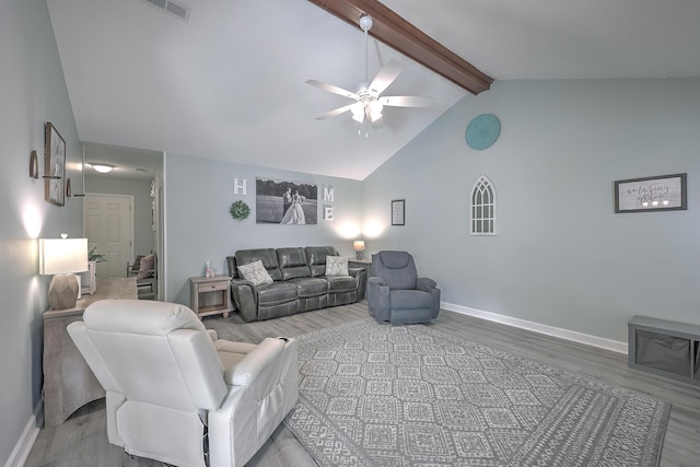 living room featuring beam ceiling, ceiling fan, high vaulted ceiling, and wood-type flooring