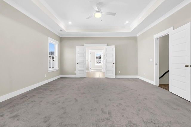 carpeted spare room with a wealth of natural light, a raised ceiling, and ceiling fan