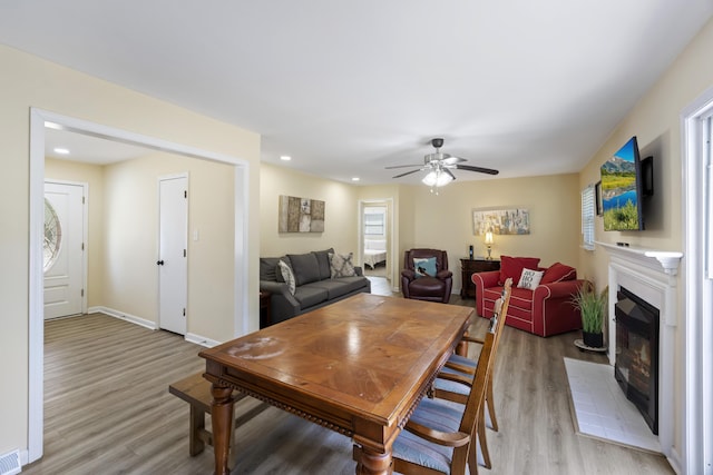 dining area with ceiling fan and light hardwood / wood-style flooring