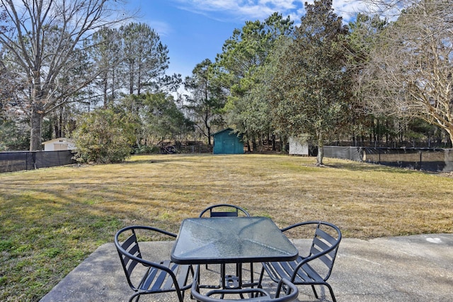 view of yard with a shed and a patio area