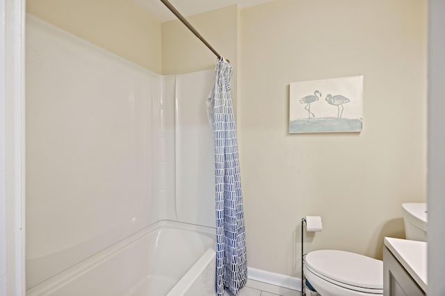 full bathroom with vanity, tile patterned flooring, shower / bath combination with curtain, and toilet