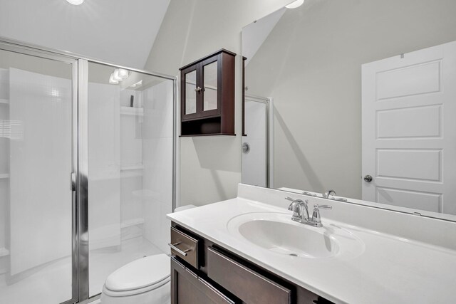 bathroom with toilet, lofted ceiling, vanity, and a shower with shower door