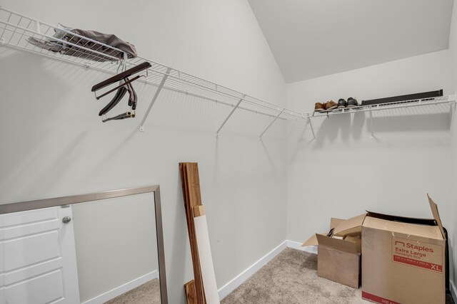 walk in closet with vaulted ceiling and light carpet