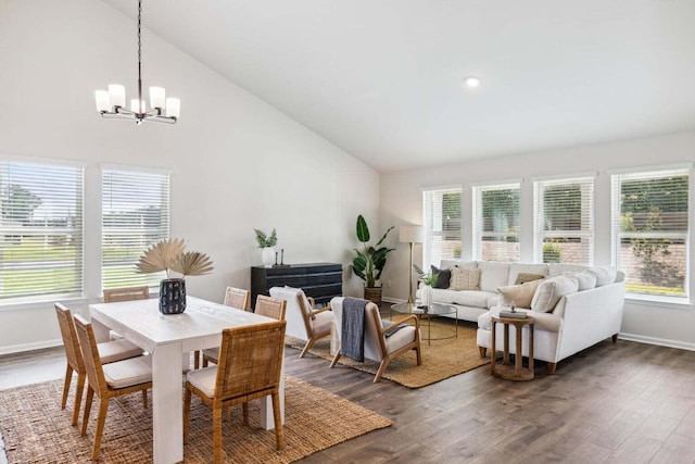 453 White Magnolia St, Moncks Corner, SC 29461 - dining space featuring a chandelier, healthy amount of natural light, dark wood-type flooring, high vaulted ceiling, and recessed lighting
