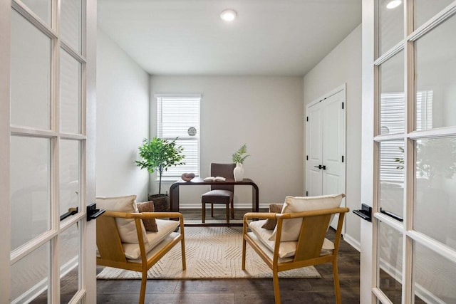 453 White Magnolia St, Moncks Corner, SC 29461 - sitting room with an office area, dark wood-type flooring, baseboards, recessed lighting, and french doors