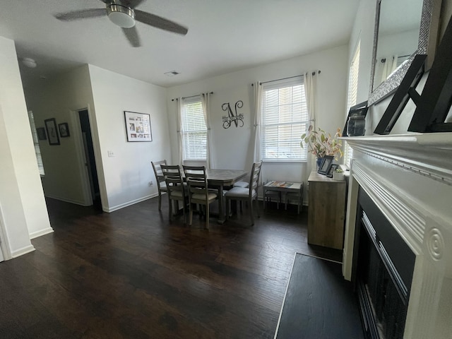 1418 Whispering Oak Trl, Mount Pleasant, SC 29466 - dining space featuring dark wood finished floors, ceiling fan, and baseboards