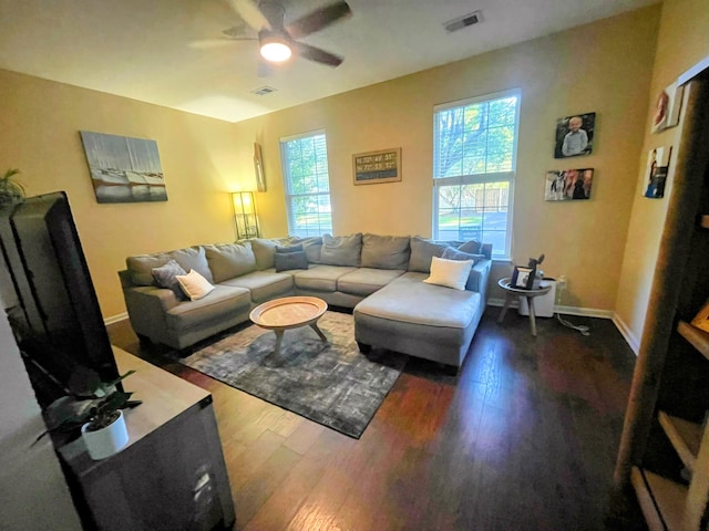 1418 Whispering Oak Trl, Mount Pleasant, SC 29466 - living room with dark wood-style floors, a ceiling fan, and baseboards