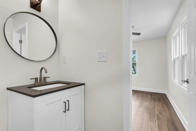 bathroom with vanity and hardwood / wood-style floors