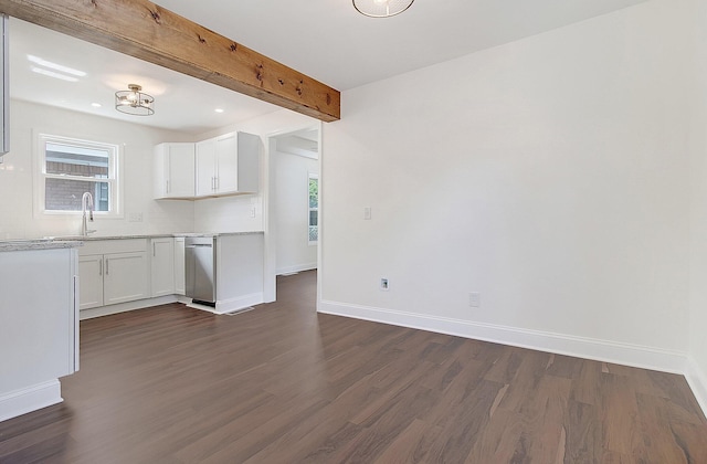 kitchen with white cabinetry, dark hardwood / wood-style floors, and beamed ceiling