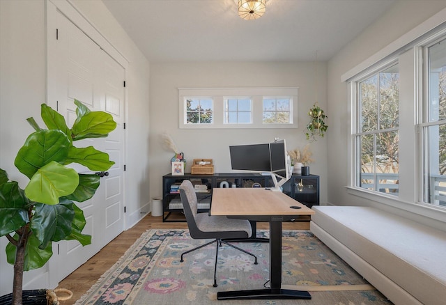 home office with wood finished floors