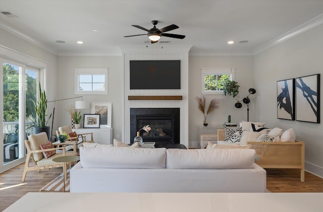 living area featuring a healthy amount of sunlight, a fireplace, visible vents, and wood finished floors