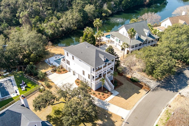 drone / aerial view with a water view