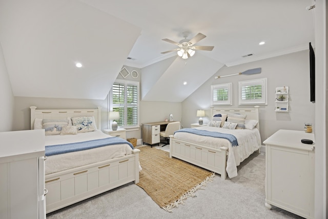bedroom featuring lofted ceiling, light carpet, a ceiling fan, crown molding, and recessed lighting