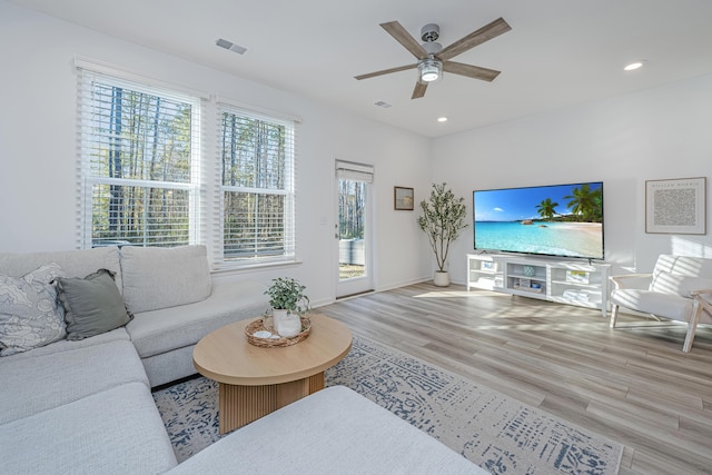 living room with ceiling fan and light hardwood / wood-style floors