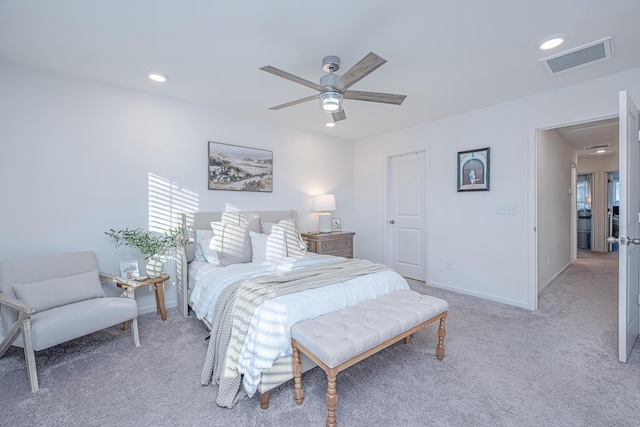 bedroom with ceiling fan and carpet flooring