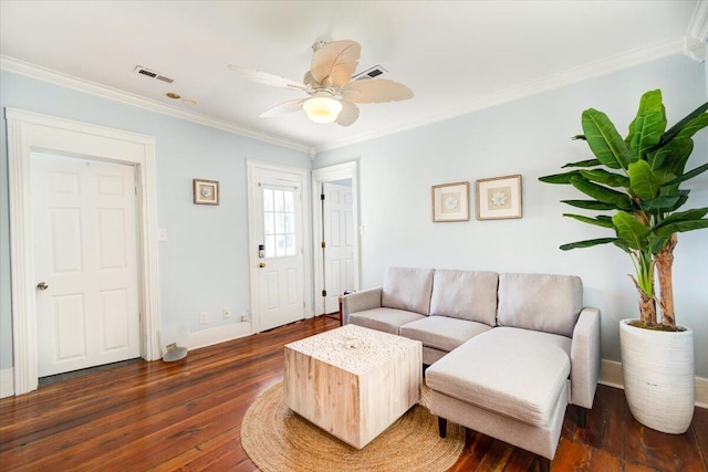 living room featuring crown molding, dark hardwood / wood-style floors, and ceiling fan