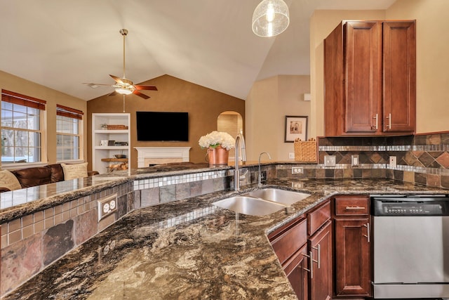 kitchen with dishwasher, sink, backsplash, built in shelves, and lofted ceiling