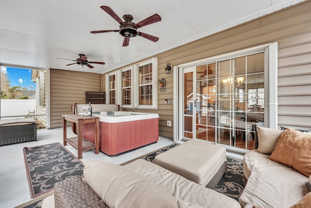 living room with wooden walls