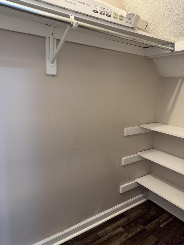 walk in closet with dark wood-type flooring