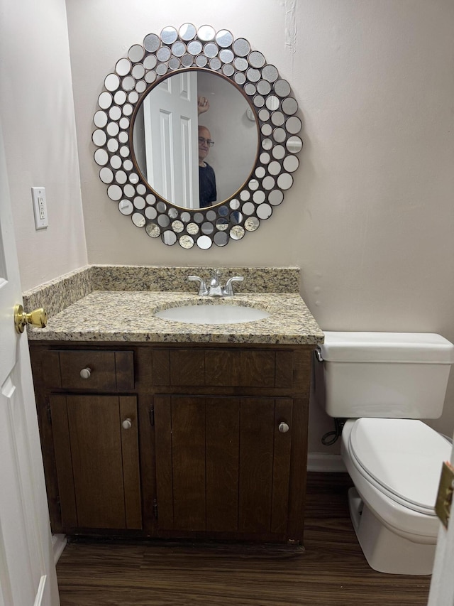 bathroom featuring vanity, hardwood / wood-style flooring, and toilet