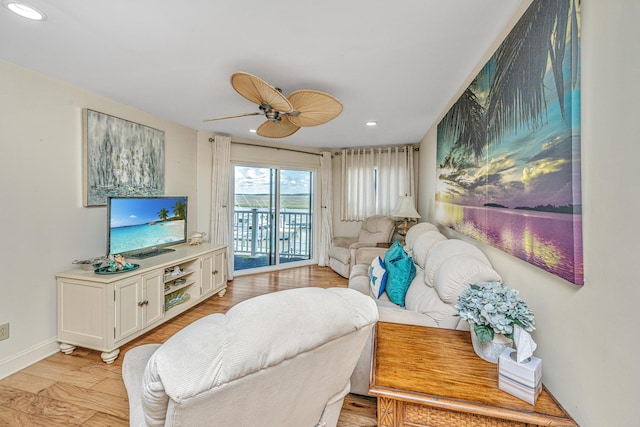 3701 Docksite Rd Unit 220, Edisto Island, SC 29438 - living area with a ceiling fan, recessed lighting, light wood-type flooring, and baseboards