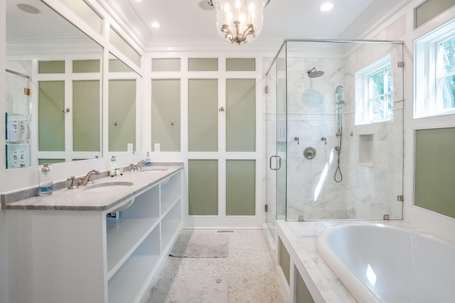 bathroom featuring tile flooring, ornamental molding, double sink, and plus walk in shower