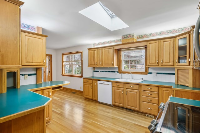 kitchen featuring a healthy amount of sunlight, light wood-style flooring, white dishwasher, a sink, and stainless steel range with electric cooktop