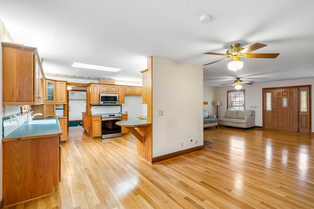 kitchen with a sink, stainless steel appliances, a skylight, light wood finished floors, and baseboards