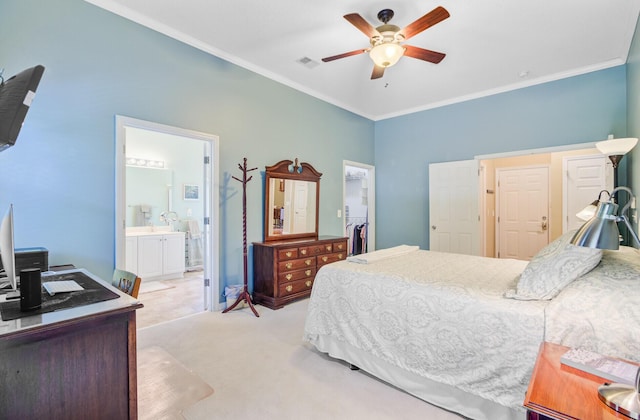 5406 E Crosland Ct, North Charleston, SC 29420 - bedroom with crown molding, light colored carpet, a desk, a spacious closet, and ensuite bath