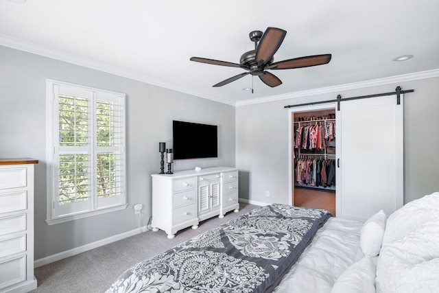 bedroom featuring baseboards, carpet flooring, and crown molding