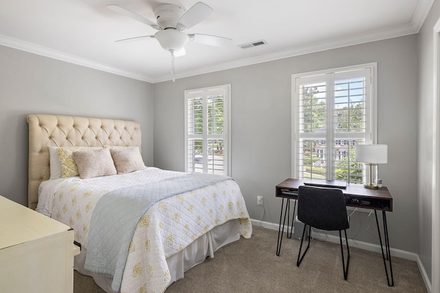 bedroom featuring visible vents, carpet, crown molding, and baseboards