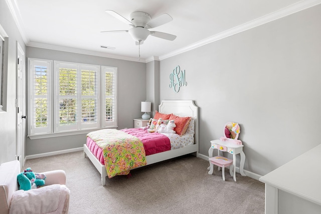 bedroom featuring carpet floors, baseboards, visible vents, and crown molding