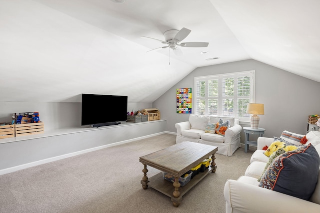 living room with carpet flooring, a ceiling fan, baseboards, lofted ceiling, and visible vents