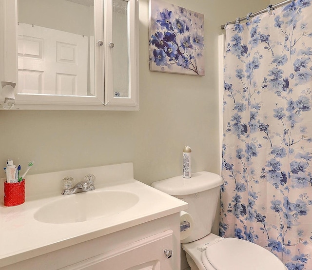 bathroom with toilet and vanity with extensive cabinet space