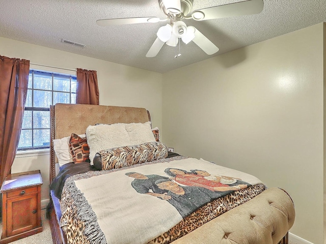 bedroom featuring ceiling fan and a textured ceiling